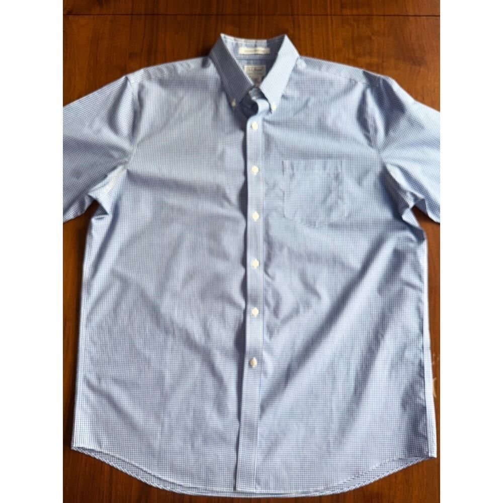 L.L. Bean Men's Blue & White Micro Gingham Short-Sleeve Button-Down - Size Large